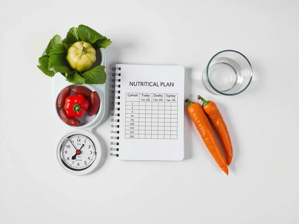 Ernährungsplan und gesunde Lebensmittel auf einem Tisch